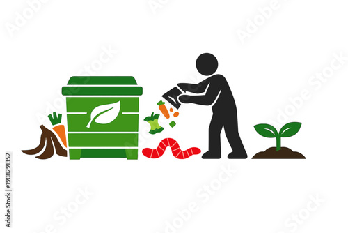 A flat vector illustration showing a person pouring food waste into a compost pile with a red worm, a green compost bin, and a small plant growing in soil on a black background.