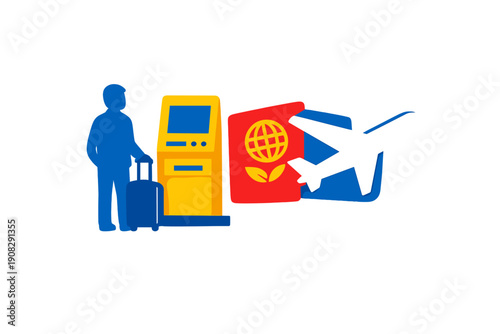 A 3D illustration featuring a blue silhouette of a traveler with a suitcase standing next to a yellow check-in kiosk, a red passport icon, and a white airplane icon on a black background.