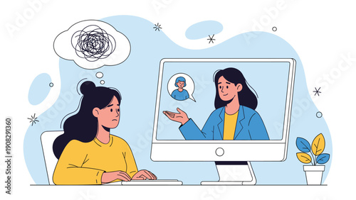 Concerned woman participates in an online therapy session via her computer, talking to a professional female psychologist about her mental health.