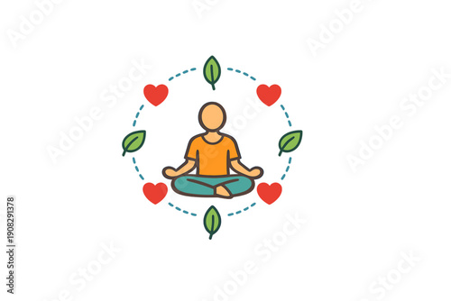 A minimalist vector illustration of a person practicing yoga or meditation, enclosed in a dashed circle featuring red heart symbols and green leaf icons.