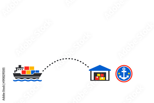 This flat vector illustration depicts a cargo ship carrying colorful containers to a warehouse facility, featuring a maritime anchor icon on a solid black background.