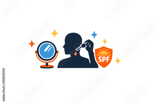 A flat vector illustration depicts a person using a dropper to apply serum to their face, accompanied by a mirror and an SPF sun protection shield icon on a dark background.