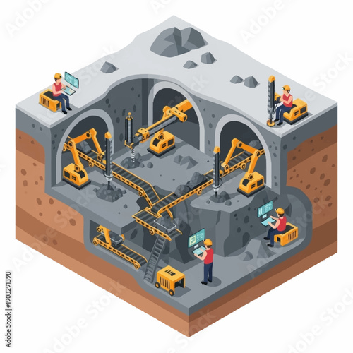 Isometric underground mine with workers and machinery.
