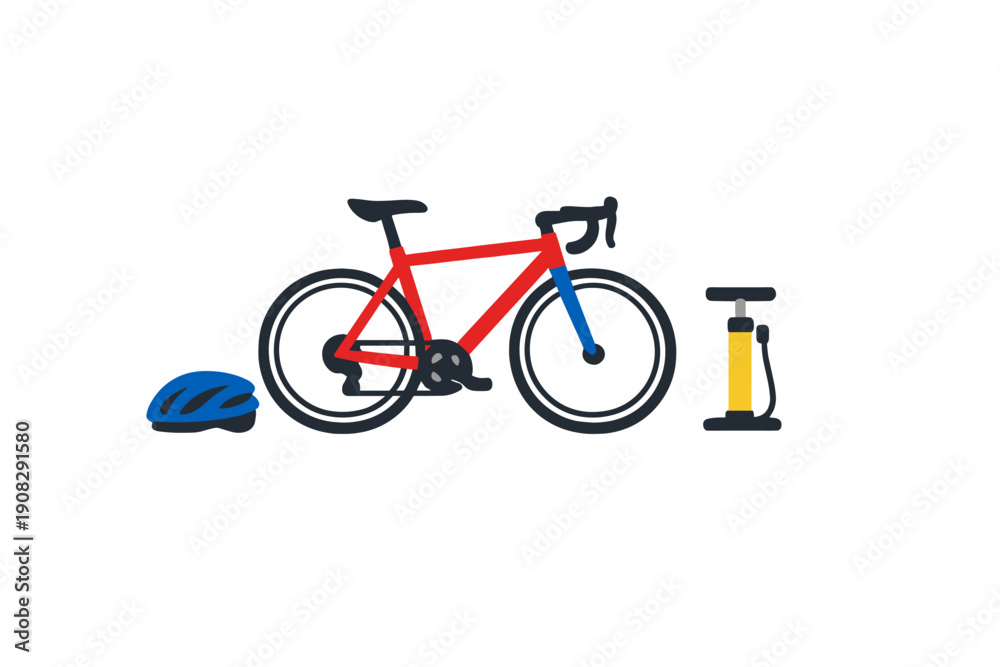 Obraz premium A flat vector illustration featuring a red road bicycle, a blue cycling helmet, and a yellow floor pump on a black background. The design represents sports and outdoor activity.