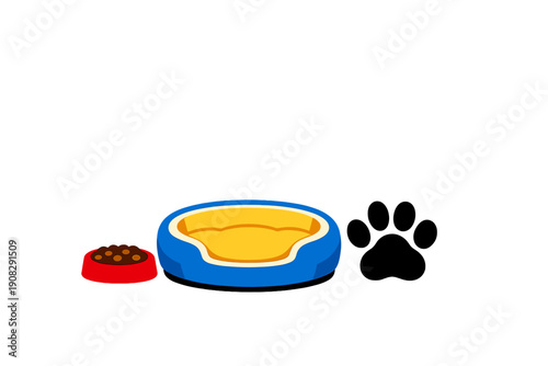 A colorful illustration featuring a blue and yellow pet bed, a red bowl filled with brown kibble, and a black paw print silhouette, all set against a solid black background.