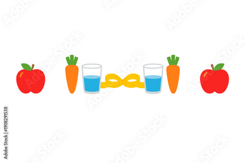 This graphic displays healthy lifestyle symbols including red apples, carrots, glasses of water, and a yellow measuring tape, all symmetrically arranged on a black background.