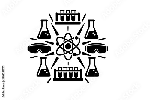 A symmetrical line art illustration featuring science icons like an atom, Erlenmeyer flasks, test tubes, and safety goggles arranged in a circular pattern on a black background.