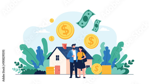 Happy couple stands in front of their dream house while large gold coins and green banknotes float in the air, representing real estate investment.