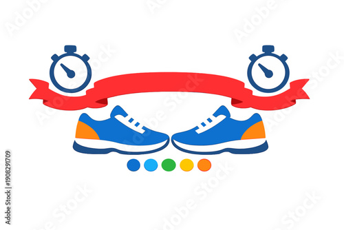 A flat vector illustration featuring two blue running shoes facing each other below a red banner and two stopwatches, with five colorful circles at the bottom on a black background.
