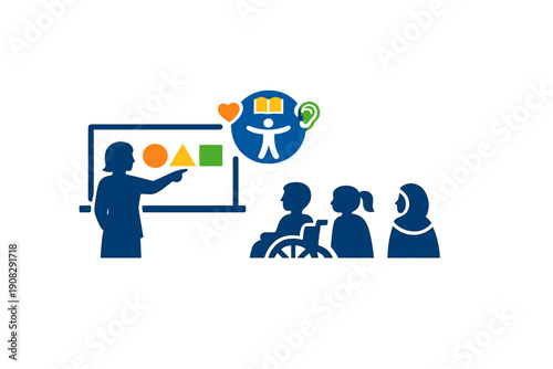 A minimalist graphic showing a teacher instructing a diverse classroom with icons representing empathy, reading, and hearing, emphasizing inclusive and accessible education.