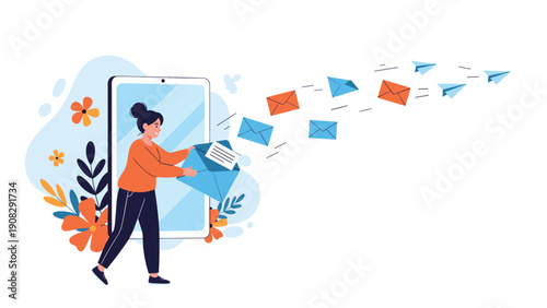 Energetic woman sending numerous envelopes and paper planes from a large smartphone screen representing efficient digital communication.