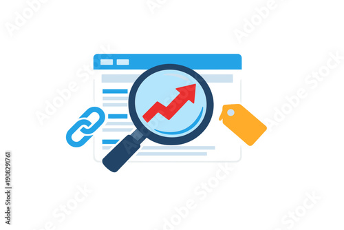A flat vector illustration showing a magnifying glass with a red growth arrow over a web browser window, accompanied by a blue link icon and an orange price tag on a black background.