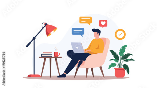 Young man sitting comfortably in an armchair working on a laptop computer with social media icons and notification bubbles floating around.