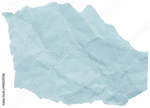 Isolated piece of crumpled delicate blue paper with torn edges, scrap for collage scrapbooking design