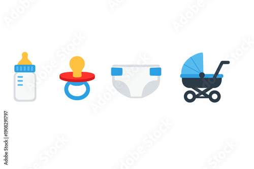 A collection of four colorful baby care icons including a feeding bottle, a pacifier, a diaper, and a stroller, all arranged in a row against a solid black background.