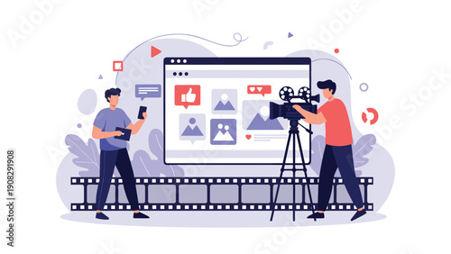 Video production crew using a camera to film content for a social media platform shown on a large web browser interface background.