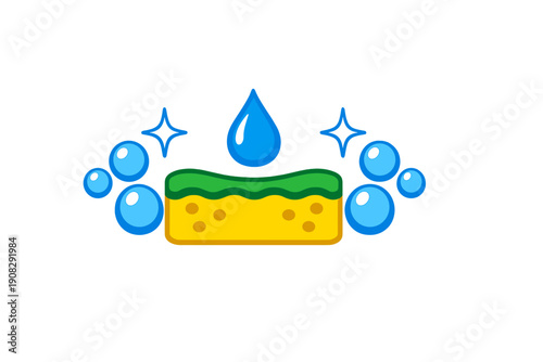 A cartoon illustration of a yellow and green cleaning sponge with a blue water drop above it, surrounded by blue bubbles and sparkles on a solid black background.