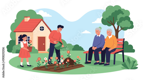 Happy family members including children and grandparents working together in their garden planting flowers near a small house on a sunny day.