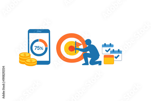 A flat illustration showing a person placing a flag on a target next to a smartphone with a progress chart, gold coins, and calendar icons, representing business goals and planning.