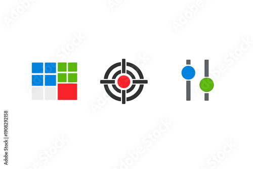 Three minimalist icons on a black background featuring a colorful grid of squares, a target with a red center, and two vertical sliders with blue and green circular handles.