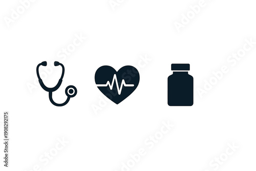 A collection of three dark blue medical icons featuring a stethoscope, a heart with a heartbeat line, and a pill bottle, all centered on a plain black background.