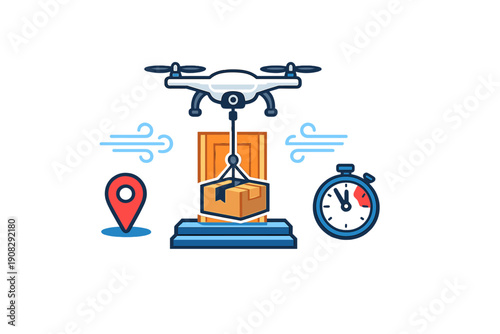 A flat vector illustration showing a white drone delivering a cardboard package to a house doorstep, featuring a location pin, a stopwatch, and wind symbols on a black background.