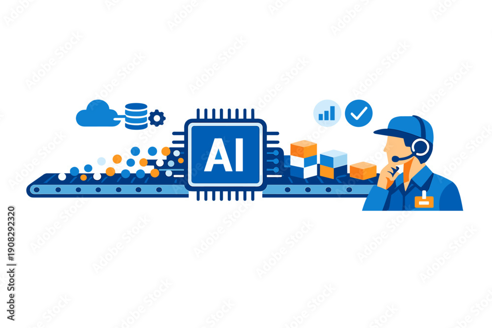Naklejka premium An illustration of an artificial intelligence processor on a conveyor belt transforming raw data into structured blocks while a technician monitors the automated production process.