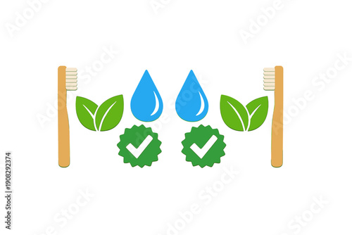 This illustration features two wooden toothbrushes, green leaves, blue water drops, and green checkmark icons arranged symmetrically against a solid black background.