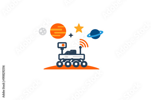 A minimalist flat vector illustration of a robotic space rover on an orange planetary surface with a moon, stars, and distant planets visible in the dark night sky.
