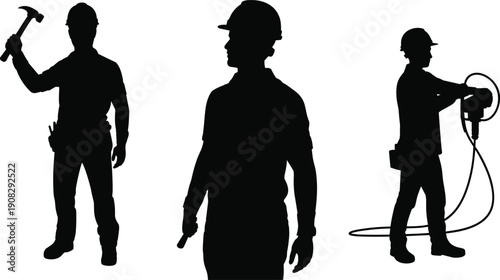 Construction worker silhouettes set, builder with hammer and technician using equipment isolated on white background, industrial labor concept