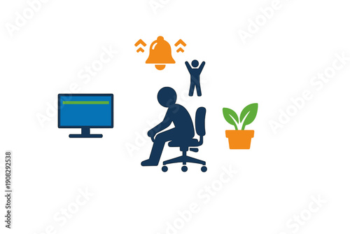 A flat vector illustration showing a tired person sitting in an office chair between a computer monitor and a potted plant, with a ringing bell and a small figure icon above them.