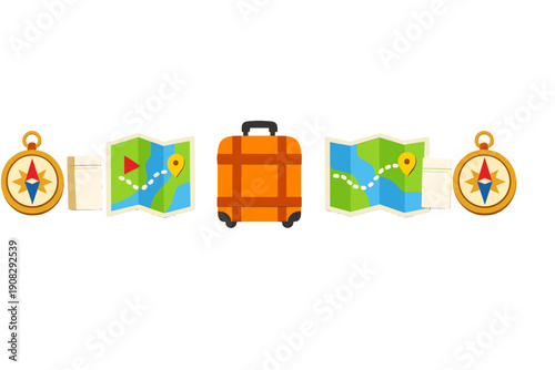A flat travel illustration featuring an orange suitcase, two folded maps with route markers, and two golden compasses arranged symmetrically on a solid black background.