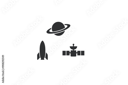 A collection of three black minimalist icons representing space exploration, featuring a ringed planet, a rocket ship, and a satellite on a plain white background.