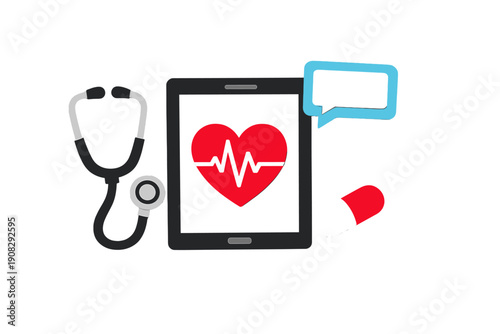 A digital tablet displaying a red heart with a heartbeat line is surrounded by a stethoscope, a blue speech bubble, and a medical capsule on a solid black background.