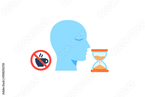 A light blue human head profile is shown between a red prohibition sign over a coffee cup and an orange hourglass, representing caffeine avoidance and the passage of time.