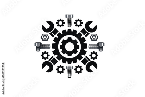 This graphic design shows a symmetrical arrangement of mechanical hardware including wrenches, bolts, nuts, and gears forming a circular pattern against a solid black backdrop.