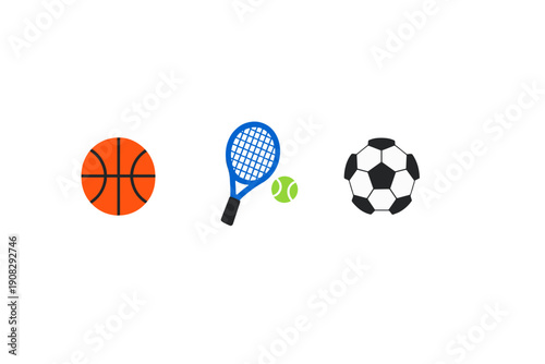 An illustration featuring a basketball, a blue tennis racket with a green ball, and a soccer ball arranged horizontally against a solid black background.