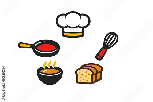A collection of colorful cooking icons including a chef hat, a frying pan, a whisk, a steaming bowl of soup, and a loaf of bread, all set against a solid black background.
