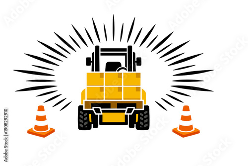 This graphic illustration shows a yellow forklift transporting a pallet of boxes between two orange safety cones. Radiating lines emanate from the vehicle on a black background.