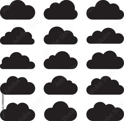 Fluffy clouds silhouettes. Vector set of clouds shapes. Collection of various forms and contours. Design elements for the weather forecast, web interface or cloud storage applications.Weather concept