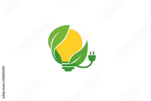 A graphic illustration of a yellow light bulb wrapped in green leaves with an attached electrical plug, symbolizing renewable energy and eco-friendly technology on a black background.