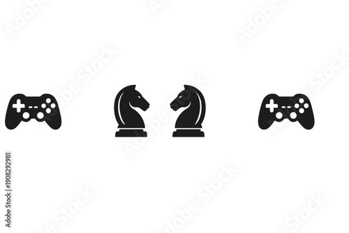 A minimalist black and white illustration displays two video game controllers flanking two chess knight pieces that face each other in the center on a solid black background.
