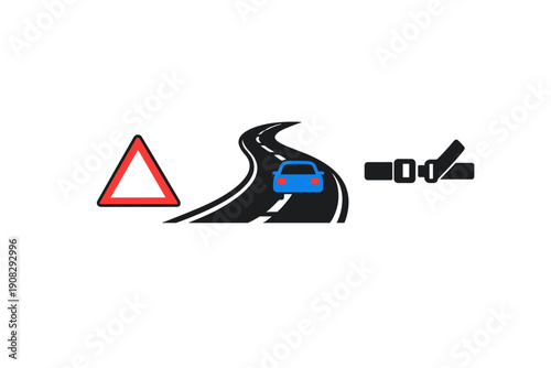 This minimalist graphic shows a red warning triangle next to a blue car on a winding road and a seatbelt symbol, representing traffic safety and driving precautions on a black backdrop.