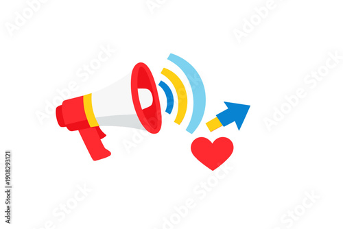 This illustration features a red megaphone with sound waves, a blue arrow pointing up, and a red heart on a black background, representing social media marketing and engagement.