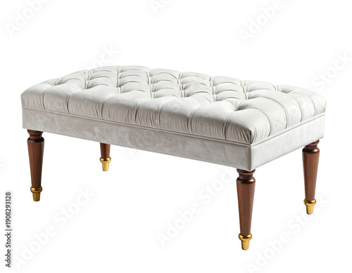 Elegant white tufted velvet bench with wooden legs and gold accents