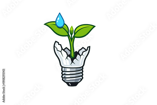 An illustration of a green sprout with a water drop growing from a shattered light bulb on a black background, representing eco-friendly innovation and growth.
