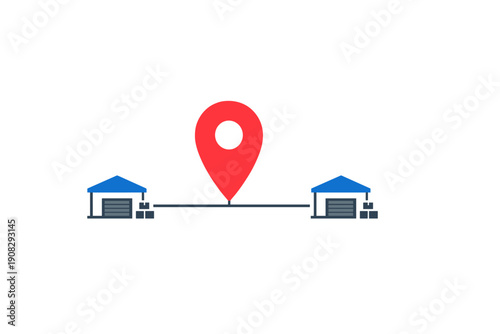 A red location pin icon stands on a horizontal line connecting two warehouses with blue roofs and stacked boxes on a black background, symbolizing logistics and distribution.