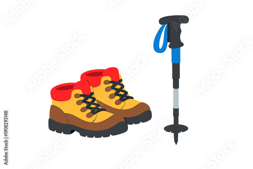 This illustration features a pair of yellow and brown hiking boots with red accents and a black trekking pole with a blue strap, all isolated on a solid black background.