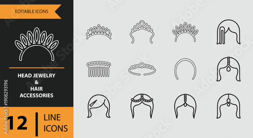 Head Jewelry and Hair Accessories Icons outline icon set.Head jewelry and hair accessory icons