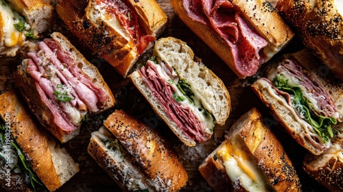 Assortment of freshly prepared deli sandwiches featuring various cold cuts and melted cheese arranged on a wooden surface.